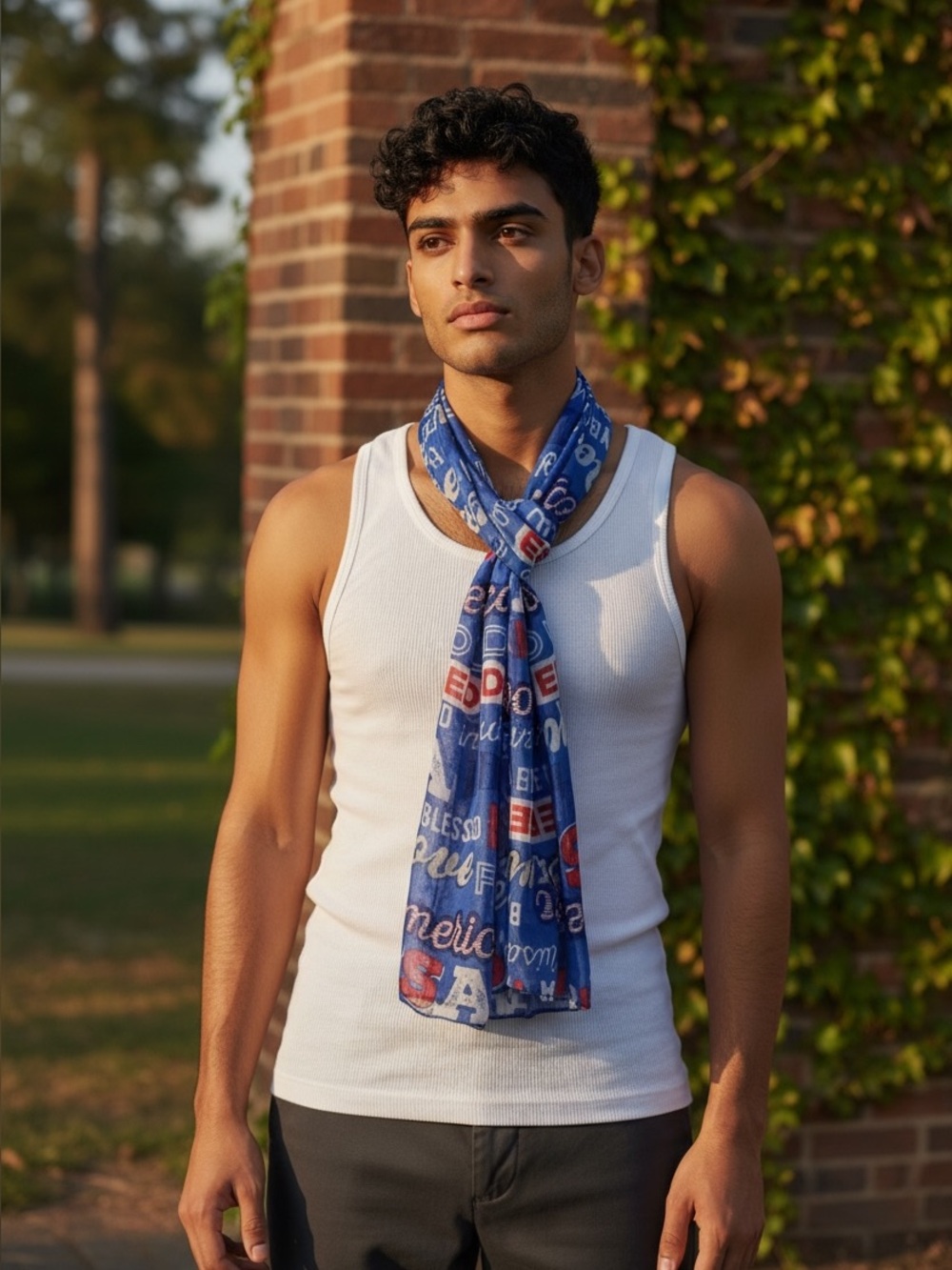 Patriotic USA Freedom America Blue Graphic Print Scarf 4th of July Fashion